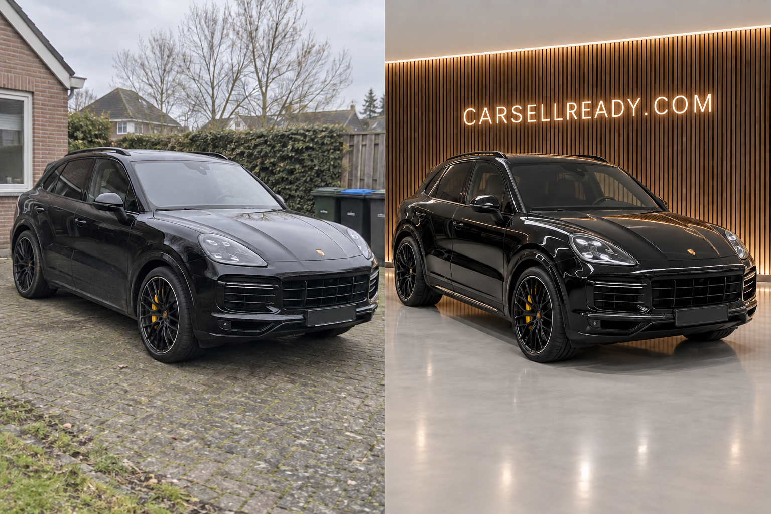 Voor en na voorbeeld van een SUV in een showroom