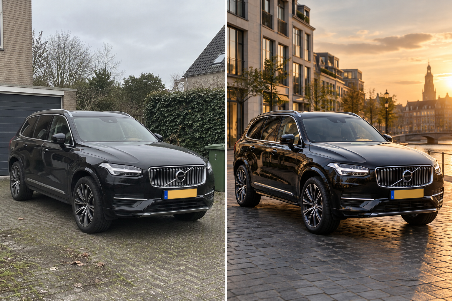 Voor en na voorbeeld van een SUV in een moderne stad